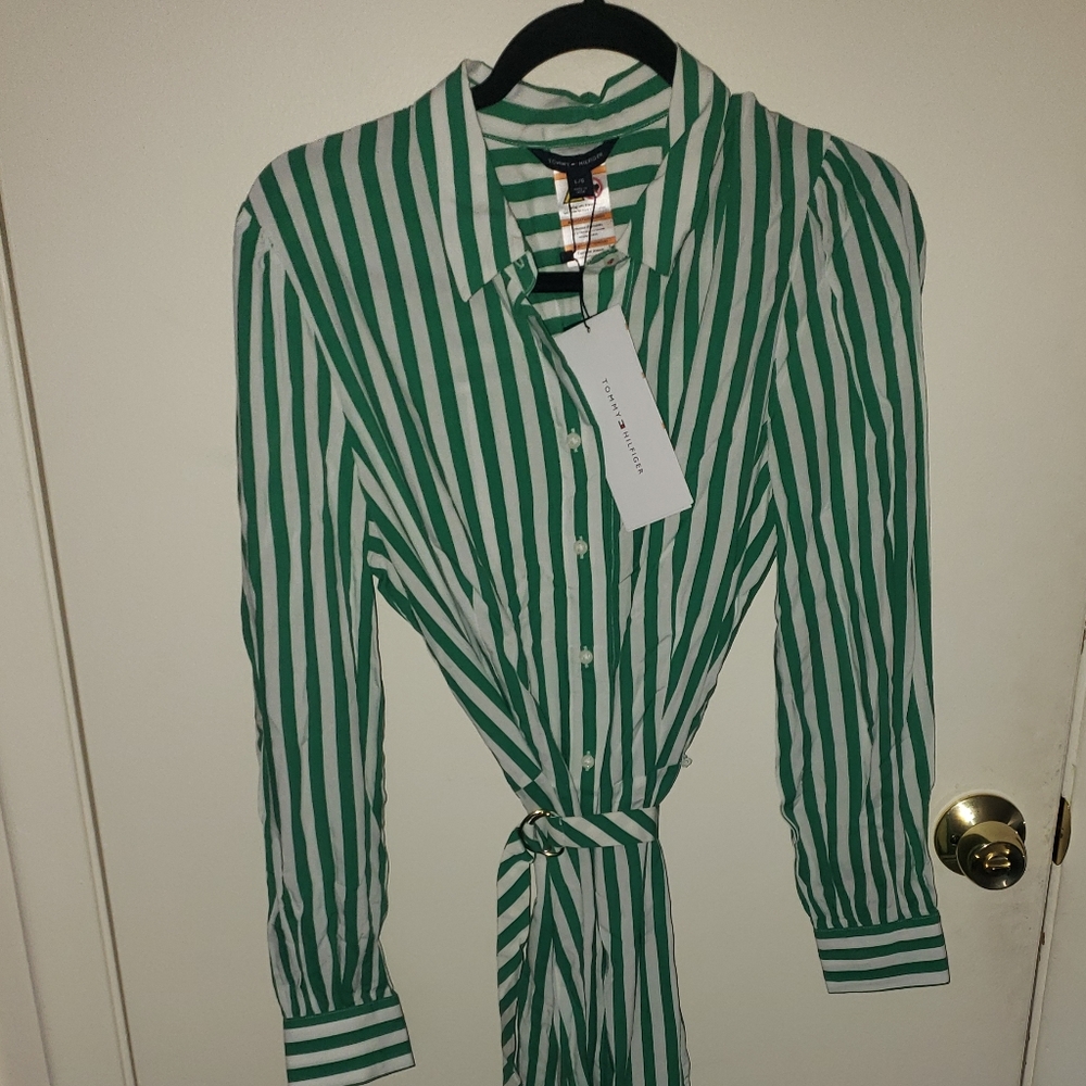 Long-Sleeved Tommy Hilfiger Green and White striped Maxi dress